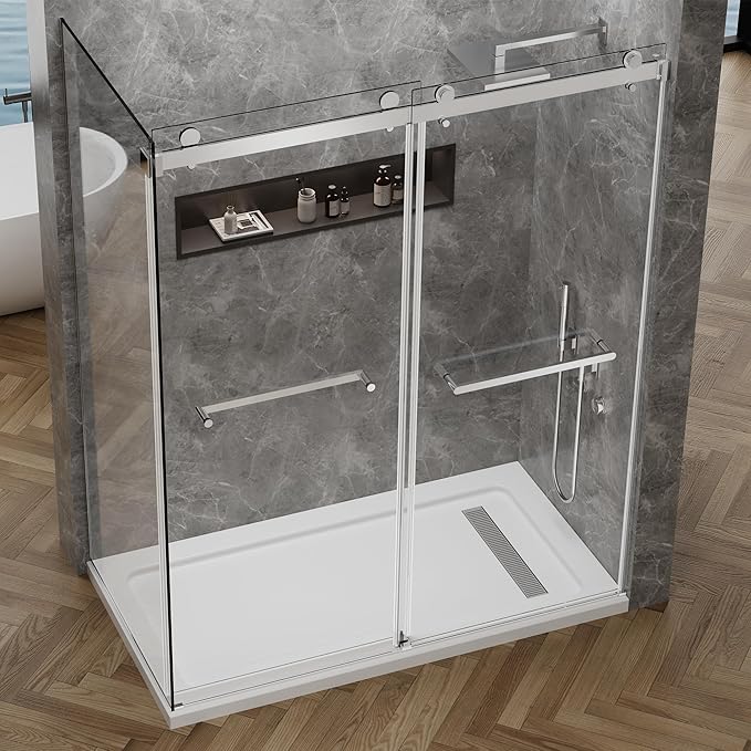 60x76 in Frameless Double Sliding Shower Door with 32x76 in Side Panel, Nano Glass, 304 Stainless Steel in Bright Chrome, L-Shape Design, Reversible Install