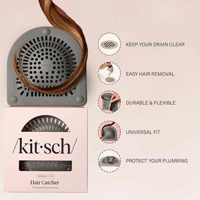 Kitsch Shower Drain Hair Catcher - Sink Drain Strainer that Prevents Clogs, Shower Drain Cover, Anti-Clogging, Bathtub & Shower Cover, Durable & Easy to Clean, Made with Silicone, Universal Fit - Grey