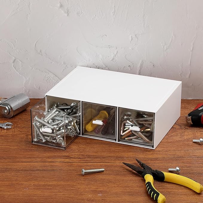 BTSKY Acrylic Battery Organizer for AA, AAA, 9V, C, D Batteries, Multipurpose Storage Box with 3 Drawers, Household Desk Holder for Common Battery Types - White, 1 Pack (Batteries Not Included)