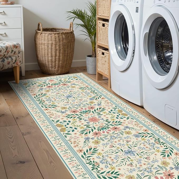 2x6 Floral Runner Rug, Washable Runners for Hallways, Green Vintage Boho Kitchen Rugs, Non Slip Hallway Runner Carpet for Indoor Hallway, Kitchen, Laundry Room and Bathroom