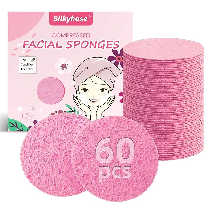 60-Count Compressed Facial Sponges 100% Natural Cellulose Cosmetic Spa Sponges for Daily Facial Cleansing Makeup and Mask Removal Pore Exfoliation (Pink)