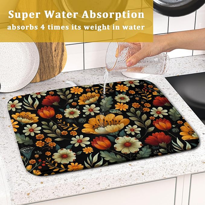 Vintage Boho Floral Dish Drying Mat for Kitchen Counter,Yellow Beige Black Spring Flower Drying Mat 16 x18 Inch with Absorbent Reversible Microfiber Drying Pad for Coffee Bar