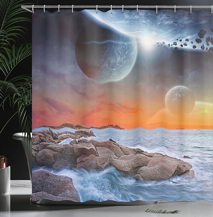 Ambesonne Galaxy Shower Curtain, Planet Landscape View from a Rocky Beach Ocean Science Theme Astro Art Illustration, Cloth Fabric Bathroom Decor Set with Hooks, 69" W x 84" L, Orange Umber