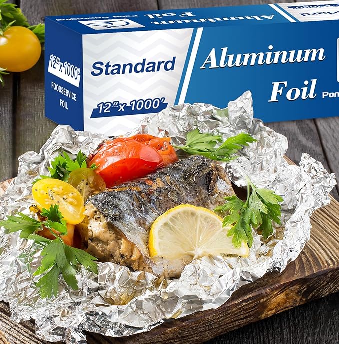 Aluminum Foil Standard 12 inch Wide, 1000 FT Food Safe Foil Wrap for Cooking, Baking, Grilling, Food Service Pony Packaging Aluminum Foil Roll (12"x1000', Standard-4 Count)