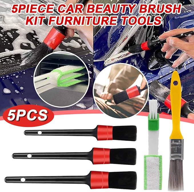 5pcs Auto Car Detailing Brush Set Car Interior Cleaning Kit Includes 3 Hair Detail Brush, 1 Brush for Cleaning Car Interior Exterior, Engines Leather Wheel (Multicolor, One Size)