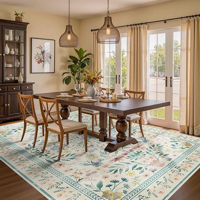 Floral Rug for Living Room Bedroom, 6x9 Washable Rug, Vintage Boho Style, Large Non Slip & Low Pile Wool Carpet for Indoor Dining Room, Girls Room, Nursery Room and Kids Room(Green 6x9ft)