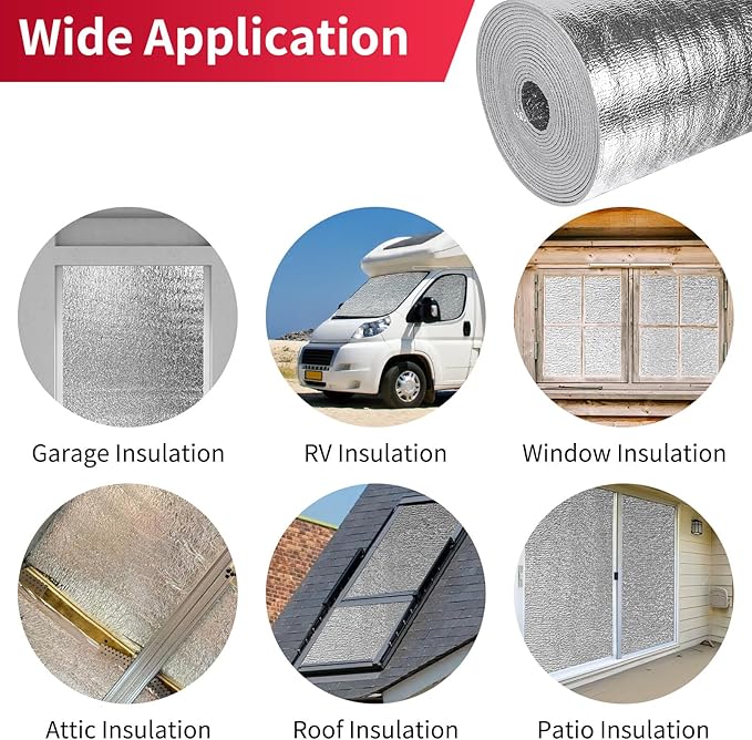 2.9 MM Reflective 48" X 10' Double-Sided Aluminium Insulation Foam Blanket Barrier, Thermal Shield Self Adhesive Pads for RV Window Garage Door Summer Heat