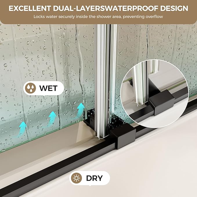 56-60"W x 60"H Frameless Bathtub Shower Door, Double Sliding Tub Shower Glass Door, 5/16" (8mm) SGCC Tempered Glass Shower Doors with Nano-Coating and Explosion-Proof Film, Easy to Clean, Matte Black