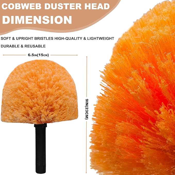 2 Pack Orange Twist-On Cobweb Duster Head Brush, Fits Standard 3/4 inch Threaded Poles, Attachment Brush, Spider Web Duster for Outdoor & Indoor Cleaning