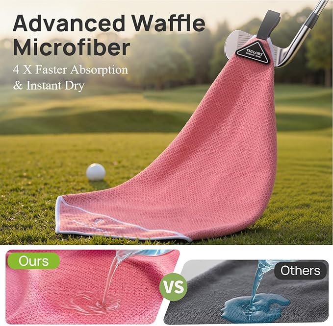 Magnetic Golf Towel for Bag 18" x 18" with Clip Exclusive Cleaning Pocket Microfiber Waffle Ultra Absorbent Club Ball Cleaner, Essential Golf Accessories and Gifts for Men Women(Pink 1 Pack)