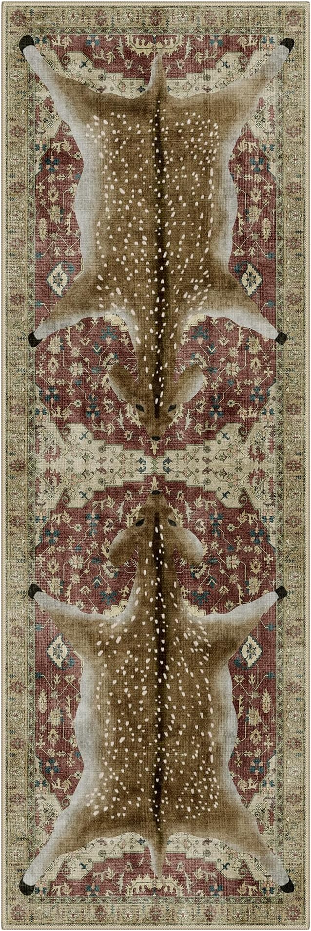 Bavni 2x6 Deer Rug, Machine Washable Soft Animal Print Runner Rug Non Slip Boho Low Pile Non-Shedding Hallway Print Carpet for Kitchen Entryway Nursery Bedroom, Red Yellow