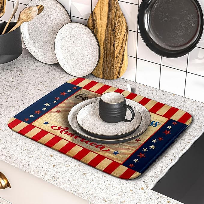 4th of July God Bless Dish Drying Mat for Kitchen Counter,American Flag Star Patriotic Independence Day Drying Mat 16 x 18 Inch with Absorbent Reversible Microfiber Drying Pad for Coffee Bar
