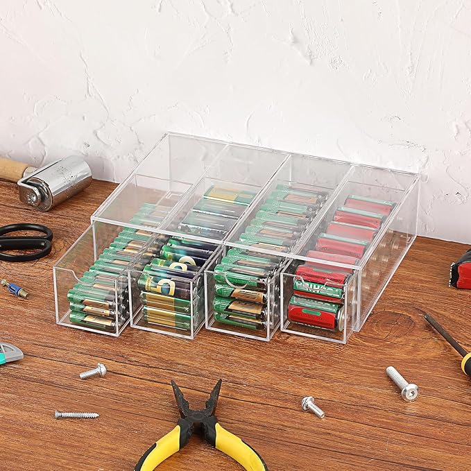 BTSKY 1 Pack Clear Acrylic Battery Storage Organizer for AA, AAA, 9V, C Batteries, 4-Drawer Storage Box Battery Holder Organizer for Common Types Batteries, Household Container(Batteries Not Included)