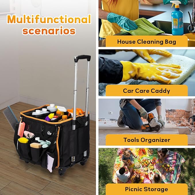 YMU Large Rolling Cleaning Caddy Bag With Detachable Trolley, 4 in 1 Portable Cart for Housekeeping With Swivel Caster & Shoulder Strap, Waterproof Supplies Organizer