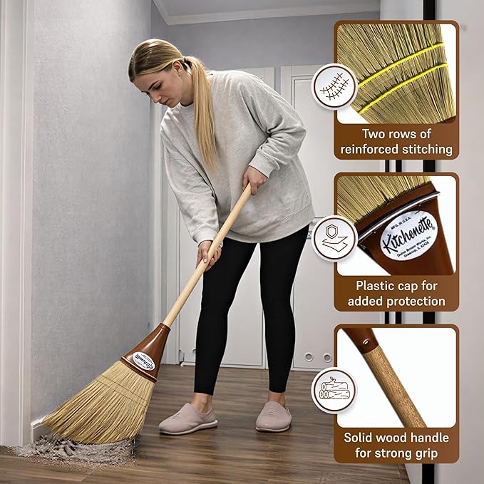 The Original Kitchenette Broom - 14oz Ultra-Lightweight Handmade Sweeper - 100% Mexican Broomcorn Bristles - Solid Wood Handle - Made in USA - Professional Non-Scratch Brush for Wood & Tile Floors