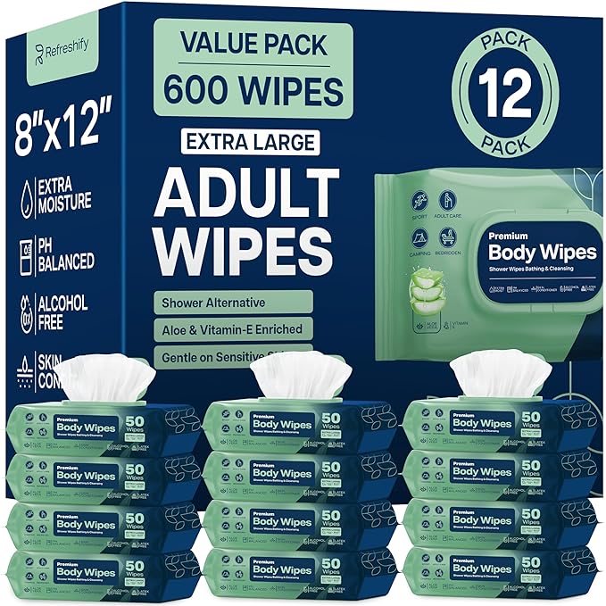 Adult Wipes Extra Large - Shower Body Wipes for Adults 8" x 12" (600 count) + 12 Travel Packs | Adult Wipes for Elderly, Bathing No Rinse, Vitamin E and Aloe, 12 Packs of 50 (Packaging May Vary)