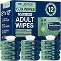 Adult Wipes Extra Large - Shower Body Wipes for Adults 8" x 12" (600 count) + 12 Travel Packs | Adult Wipes for Elderly, Bathing No Rinse, Vitamin E and Aloe, 12 Packs of 50 (Packaging May Vary)