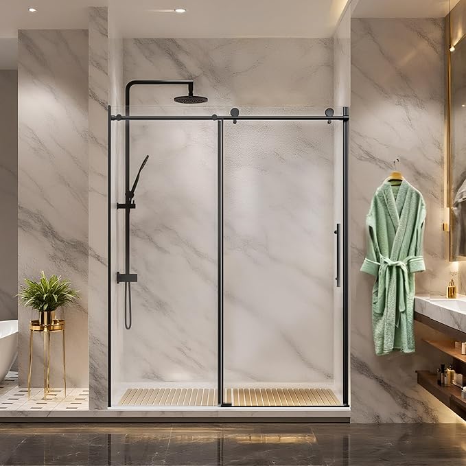 Frameless Sliding Shower Door 56-60" W x 76" H, 1/4" Tempered Glass Matte Black Reversible Single Bypass Sliding Design with Stainless Steel Rollers Soft-Close Waterproof Seal for Modern Bathroom