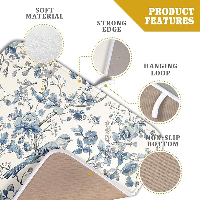 Chinoiserie Trees Dish Drying Mat for Kitchen Counter,Bule Bird Flowers Drying Mat 16 x 18 Inch with Absorbent Reversible Microfiber Drying Pad for Coffee Bar