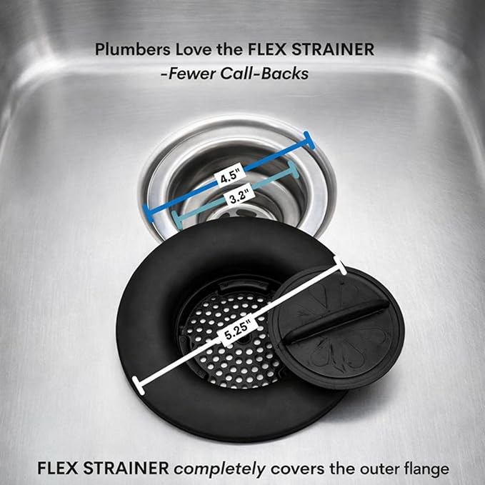 Flex Strainer® Sink Drain Strainer with Optional Stopper – No Center Stem, Fits Standard 3½” Sink Drains & Disposals – Easy Clean, Dishwasher Safe – Made in USA (Black, 3pc)