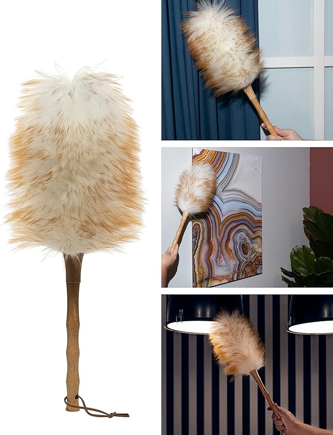 Avain Wool Duster with Wood Handle, Blinds Cleaner Purifier, Brush Cleaning Tool, Lambswool Dusters for Cleaning Vehicles, Office and Housework Dusting 18.inches Long (Pure, Pack of 3)