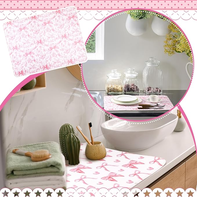 2 Pcs Large Coquette Pink Bow Dish Drying Mat Large for Kitchen, 18 X 24 Inch Bow Absorbent Microfiber Coffee Bar Pad for Women Counter Kitchen Home Accessories Party Gifts