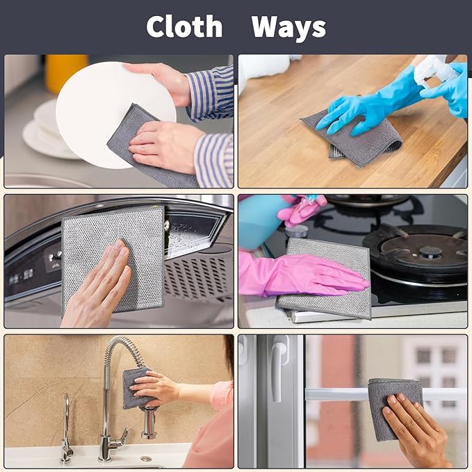 10 Pack Dual-Sided Metal Wire Dishcloth, Reusable Non-Scratch Cleaning Pads with Fabric Side for Nonstick Cookware, Pots, Pans & Kitchen Cleaning