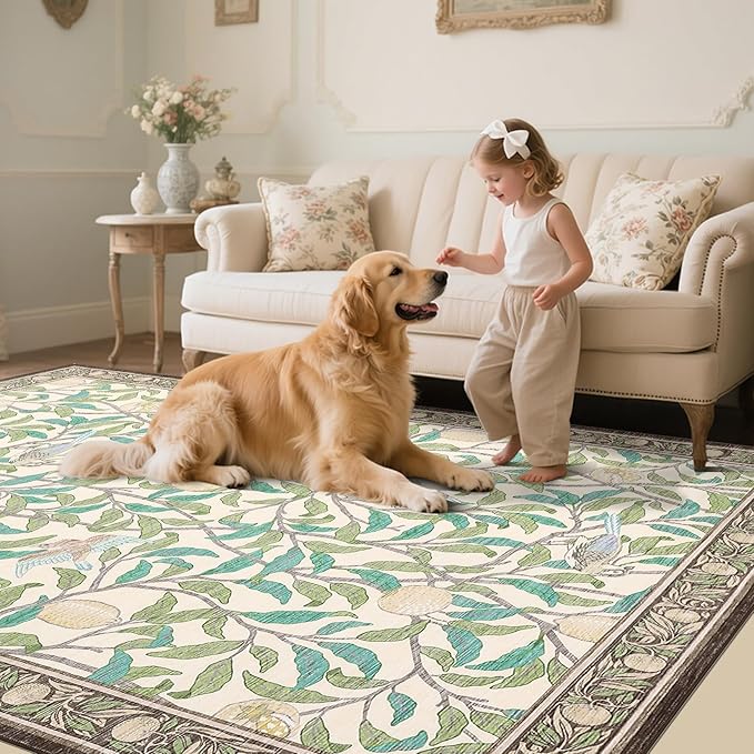GarveeHome Boho Leaf Area Rugs 9x12 Living Room, Large Rugs for Living Room with Soft Low Pile, 9x12 Botanical Bird Washable Rug with Non-Slip Backing for Bedroom Dining Room Beige Carpet