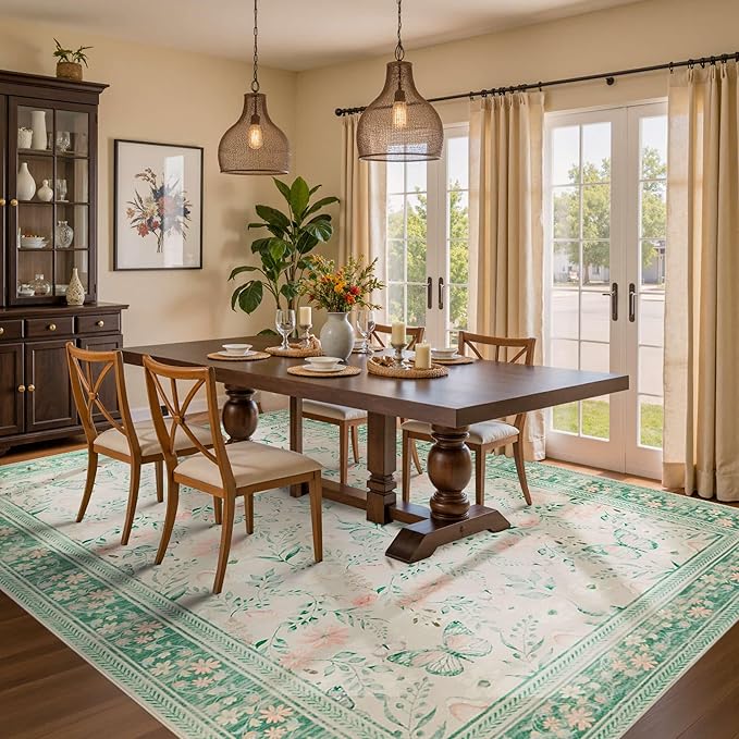 Floral Rug for Living Room Bedroom, 6x9 Washable Rug, Green Vintage Boho Area Rug, Large Non Slip Low Pile Wool Carpet for Indoor Dining Room,Girls Kids Room and Nursery Room(Sage Green 6x9ft)