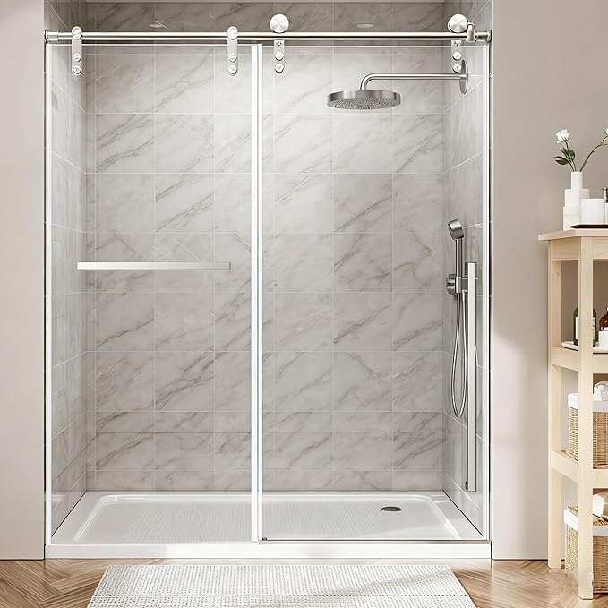 Frameless Shower Door, 56-60" W x 75" H 5/16" 8mm Glass Sliding Shower Doors with Explosion-Proof Film, Shower Doors for Walk in Shower with Tempered Glass Stainless Steel Hardware, Brushed Nickel