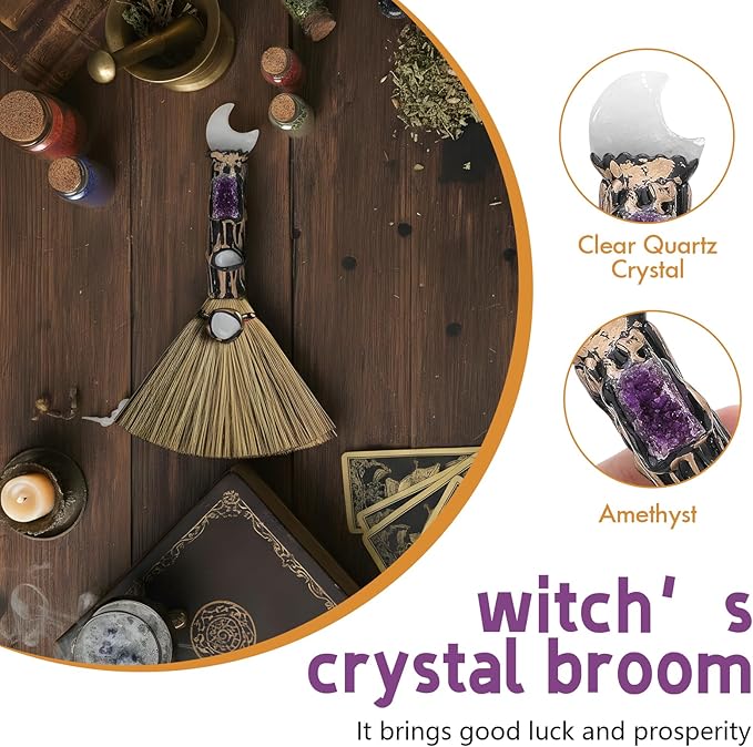 White Crystal Witch Broom - Witchcraft Supplies Mini Witches Broomstick with Amethyst Clusters Altar Supplies with Natural Healing Crystals Wiccan Supplies Prayers Meditation Therapy Decor