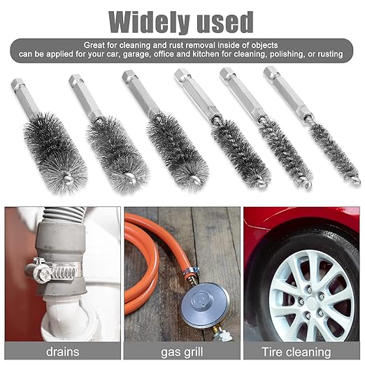 Patelai 6 Pcs Stainless Steel Wire Bore Brush Different Size Twisted Cleaning Brush with Handle 1/4 Inch Hex Shank for Power Drill Impact Driver (8/ 10/ 12/ 15/ 17/ 19 mm)