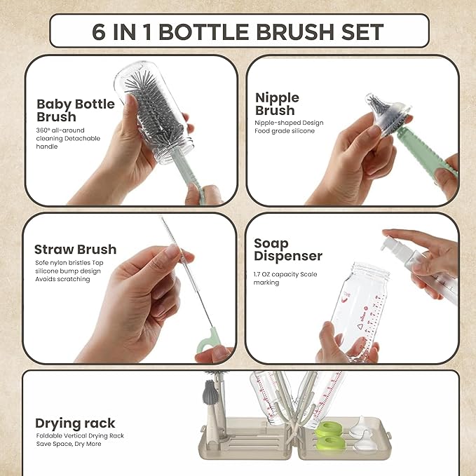 Bottle Brush Set Cleaner Silicone Brushes - Premium Food-Grade Silicone - Travel Friendly Portable Baby Bottle Cleaner Kit (Brown, Classic Style)