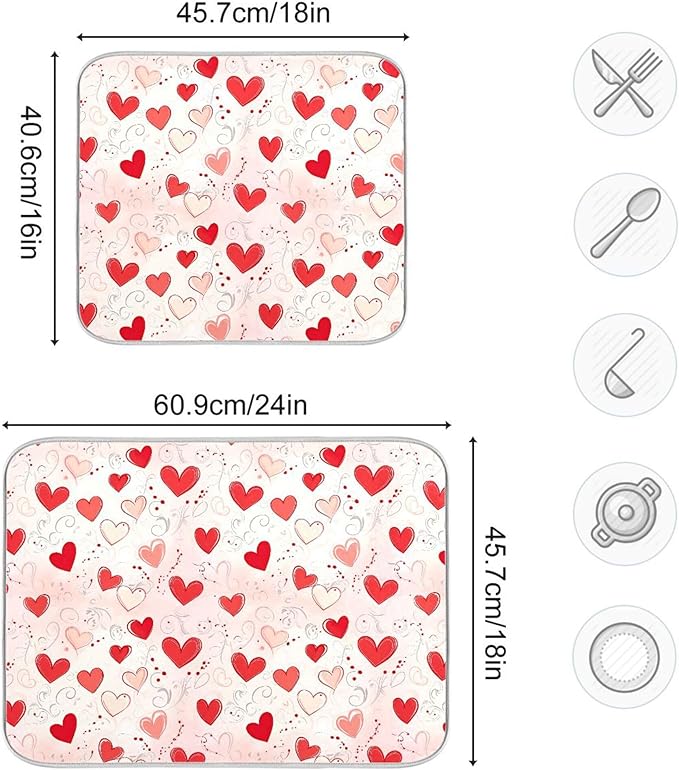 Happy Valentine’s Day Dish Drying Mat for Kitchen Countertop 18x24 Love Heart Red Pink Large Drying Mat Reusable Quick Dry Dish Sink Mats Easy Clean Decorative Essentials