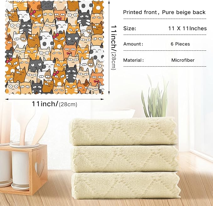 ALAZA Dish Towels - Funny Kittens Cat Dish Cloths, Super Absorbent, Lint Free, Soft Towel Kitchen Accessories Set of 6, 11"x11"