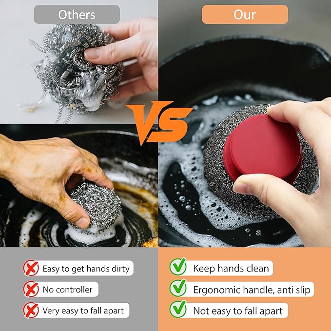 Stainless Steel Wool Scrubber with Rubber Handle & 2 Pads for Cleaning Dishes, Kitchen Pots, Pans, Grills (Red)