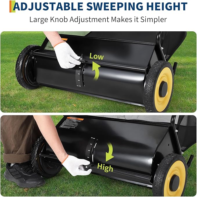 Garvee 26 in Heavy-Duty Push Lawn Sweeper - 4 Spinning Brushes, 7Ft³ Large Capacity Collection Bag, Adjustable Height for Grass, Leaves & Debris On All Terrains