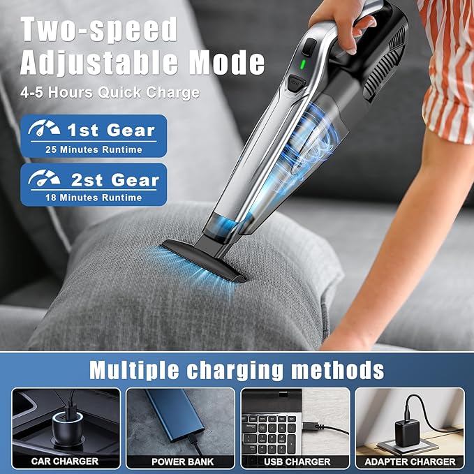 Car Vacuum Handheld Vacuum Cordless with Powerful Suction, Type-C Charge, 2 Suction Modes, 6-in-1 Portable Mini Vacuum for Home, Car, Office Desk, Keyboards