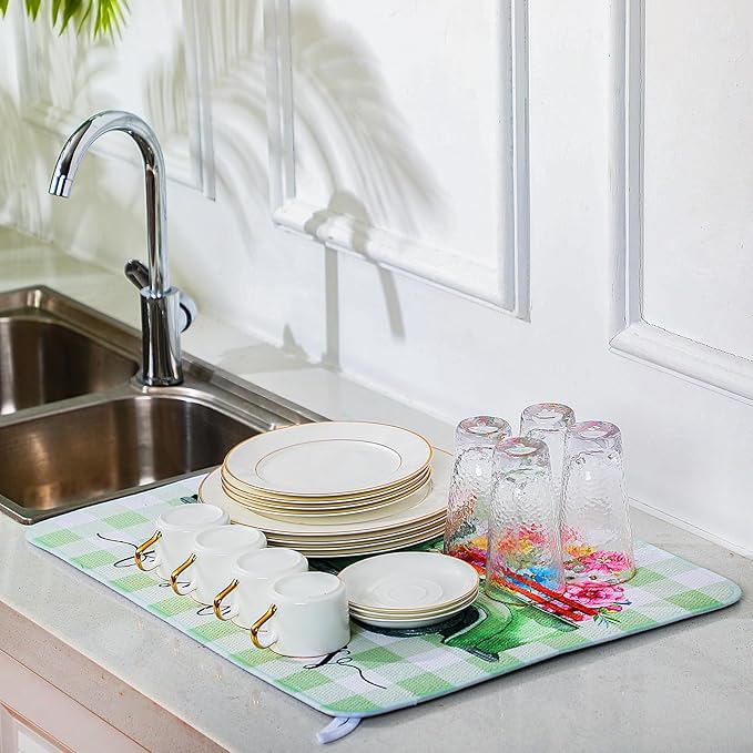 2 Pcs Dish Drying Mat for Kitchen, Spring Floral Absorbent Microfiber Dish Mat Counter 18 x 24 Inch Truck Flower Leaves Draining Green Drying Reusable Washable Pad