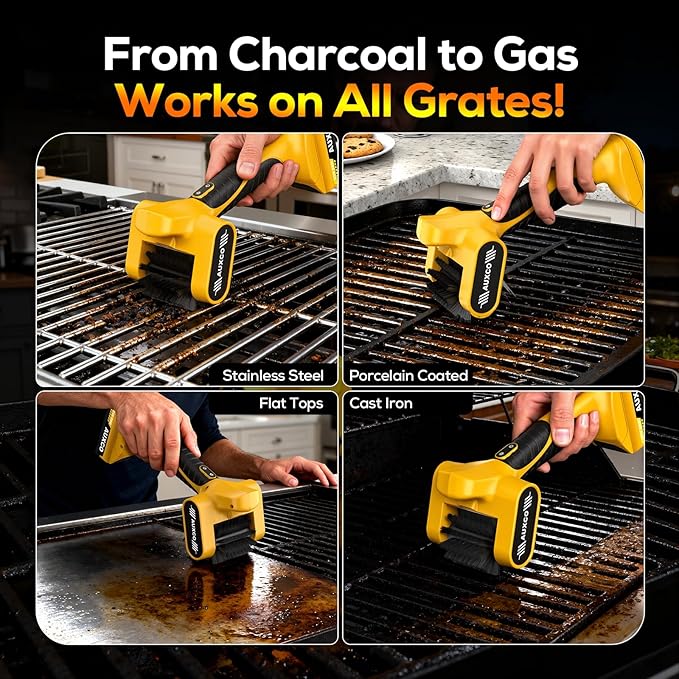 21V Electric Grill Brush, Heavy-Duty Cordless BBQ Cleaner with Stainless Steel Bristles, 90-Min Runtime，LED Light, Dishwasher Safe Head for Gas & Charcoal Grills