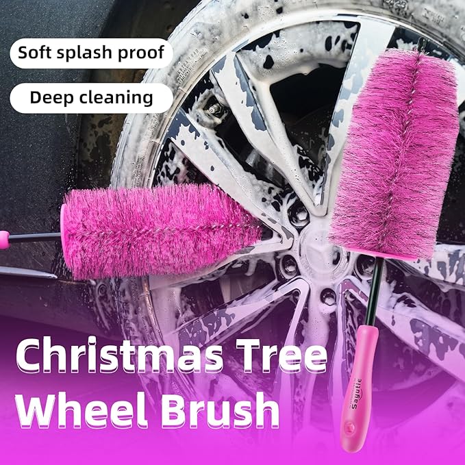 Wheel Cleaning Brush Hub Clean Tool and Rim Detailing Brush with Soft Bristles,Safe On All Wheel Types,Multipurpose Use for Wheels,Rims,Exhaust Tips,Car,Motorcycles,Truck (Pink)