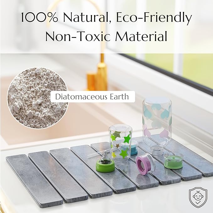 Stone Drying Mat for Kitchen Counter - Collapsible Diatomaceous Earth Dish Drying Stone - Fast Absorbent Stone Dish Drying Mat for Dishes and Pots (Gray)