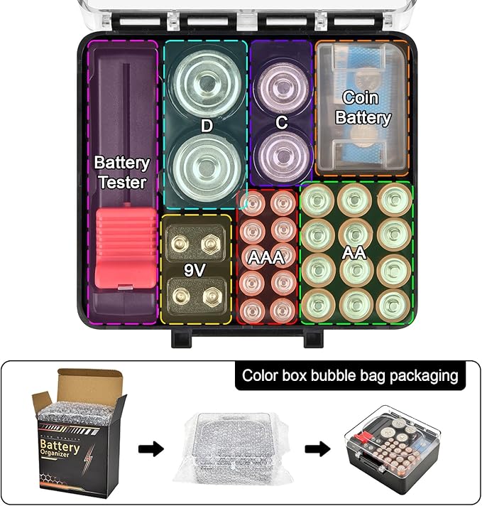 FULLCASE Plastic Battery Organizer with Tester, Battery Storage Case for AA AAA C D 9V Batteries, Portable Battery Holder Box for Home, Travel & Emergency Kits(Case Only) Black