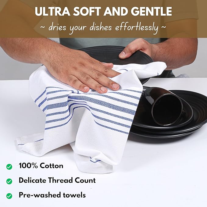 Native Fab Kitchen Dish Towels 16"x26" Set of 4 Herringbone Weave - Scandia Stripe 100% Cotton Tea Towels, Dishcloths, Washable Absorbent Hand Towels with Hanging Loop - Blue White