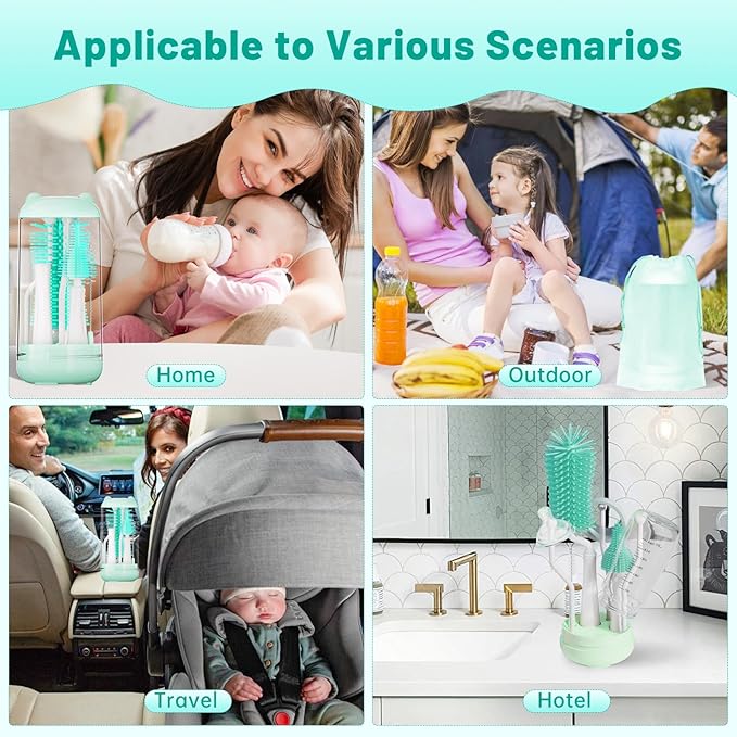 Bottle Brush Set,Travel Bottle Cleaner Kit with Baby Bottle Brush,UV Light,Straw Brush,Nipple Brush,Bottle Drying Rack for Home and Travel