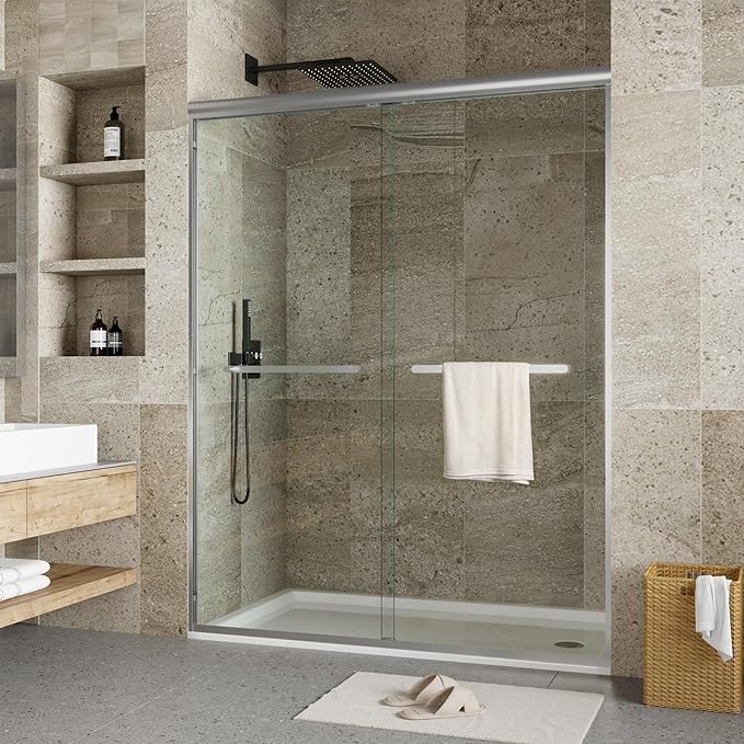 56"-60" W x 72" H Double Sliding Shower Door - Semi-Frameless Bypass Bathroom Door with 1/4"(6mm) Tempered Glass, Brushed Nickel Finish, for Walk-in Shower & Bathroom