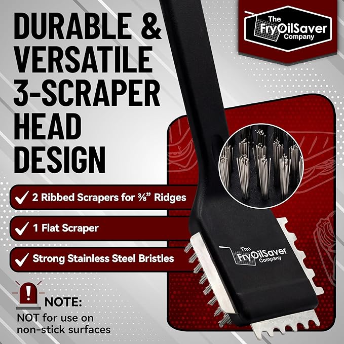 Panini Grill Brush Cleaner - Commercial BBQ & Electric Press Scraper – Heavy Duty Stainless Steel Bristles - 3-in-1 Head Grill Brush w/Scraper for Ribbed or Flat Surfaces by FryOilSaver Co - 90052