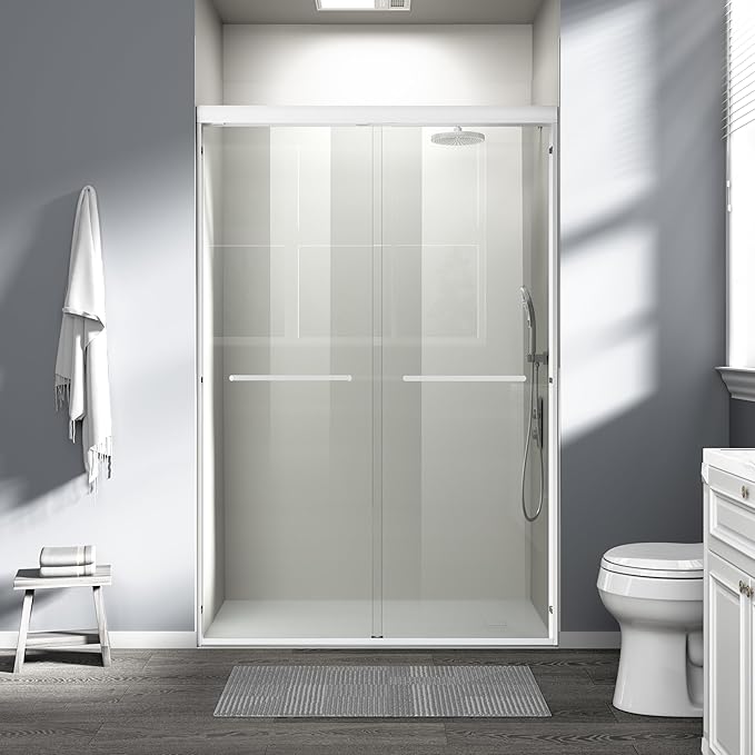 Abruzzo 44" - 48" Adjustable Width Double Sliding Shower Door - Semi-Frameless 72" Tall Bath Enclosure with 1/4" Tempered Glass, White Aluminum Frame for Walk-in Showers