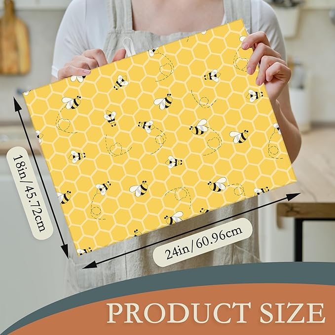 Yellow Bees Dish Drying Rack Mats Decor,Honey Honeycombs Dish Pad Drying Mat Kitchen Counter 18x24 Inch Absorbent Reversible Microfiber for Coffee Bar Sink Countertop