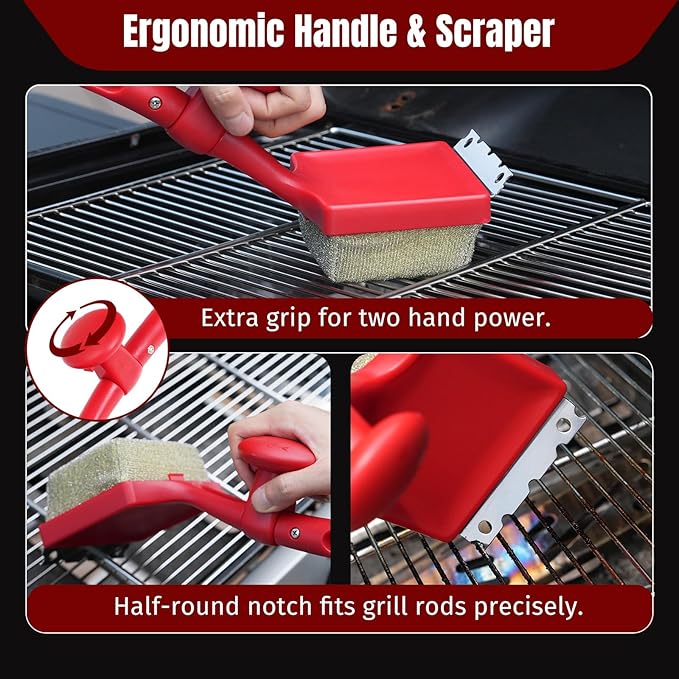 Grill Brush Bristle Free with Aramid Fiber - 600°F Heat Resistant Steam Cleaning Brush, Dual Handle BBQ Grill Cleaning Brush with Scraper, Replaceable Head for Outdoor Grill Weber Traeger Grates